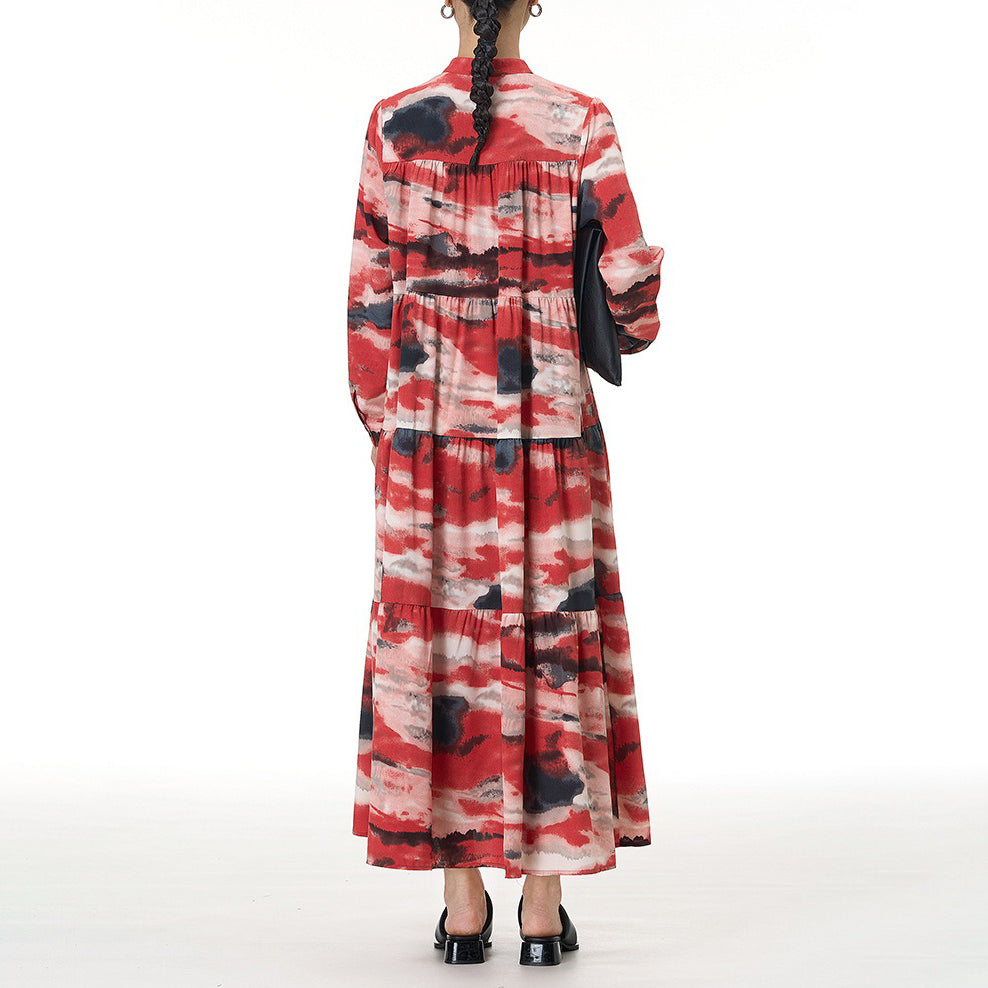 【ワンピース】ヴィンテージ風 ティアードワンピース 春夏新作 大きいサイズ レディース ルーズシルエット 長袖 着痩せ効果 バカンス・お出かけ向け ロングワンピース【SHシリーズ】