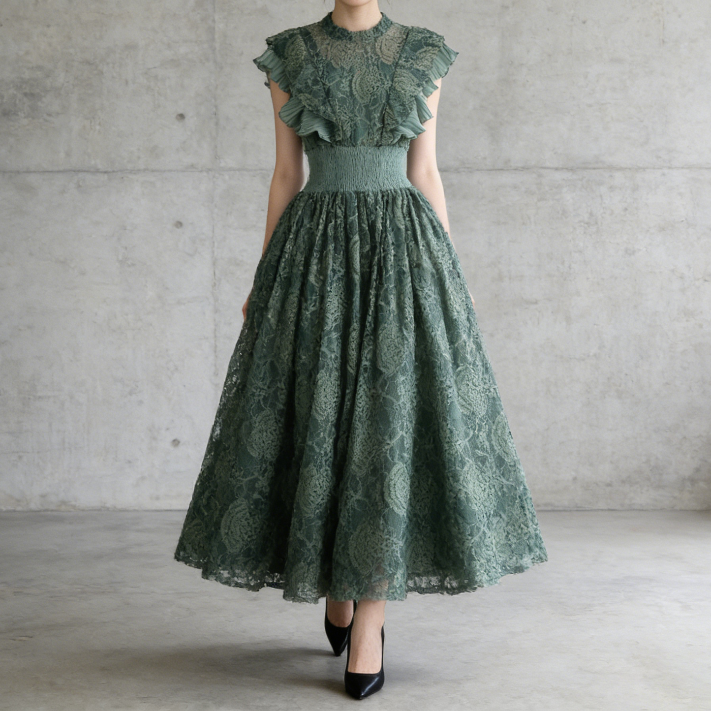 【ワンピース】7色展開 夏 レースワンピース 丸首 長袖 エレガント 着痩せ フリル裾 パーティードレス【JZシリーズ】