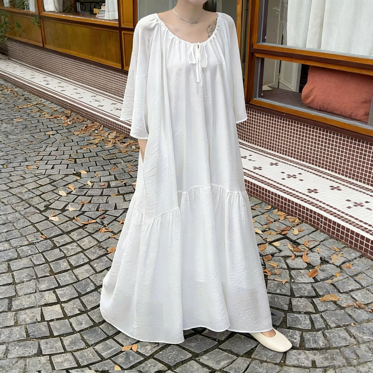 【ワンピース】【7色展開】前後2WAY 夏新作 ゆったりシルエット 大きいサイズ レディース 体型カバー ロング 半袖ワンピース【JZシリーズ】