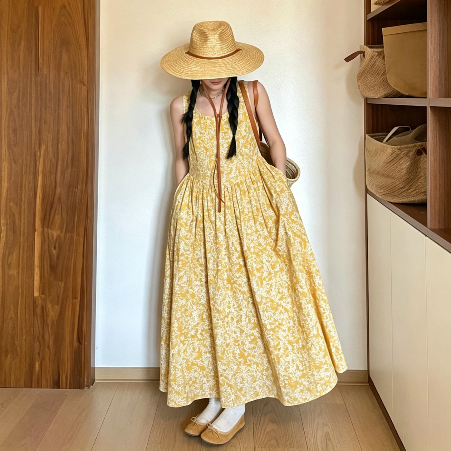【ワンピース】リゾート風 花柄 ノースリーブ ワンピース レディース 夏 ウエストマーク 着痩せ Uネック ロングワンピース【SHシリーズ】