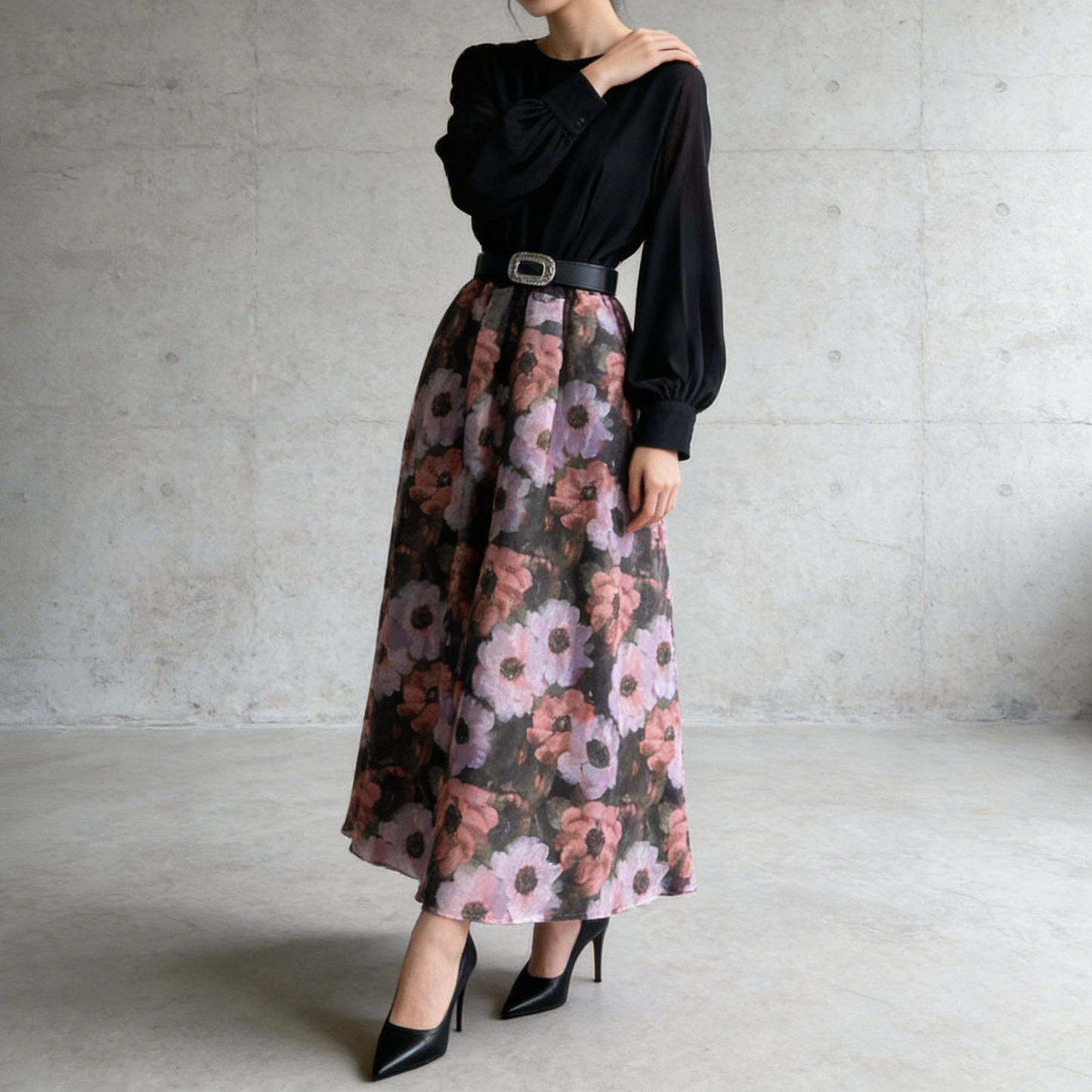 【ワンピース】フレンチ 花柄 切替 ウエストリボン 長袖 エレガント ロングワンピース【SHシリーズ】