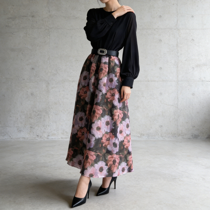 【ワンピース】フレンチ 花柄 切替 ウエストリボン 長袖 エレガント ロングワンピース【SHシリーズ】