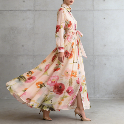 【ワンピース】長袖 花柄ワンピース 襟付き ウエストリボン フレアロング アシンメトリー 着痩せ エレガント リゾートワンピ【SHシリーズ】