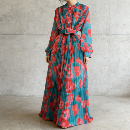 期間限定⭐60%OFF【ワンピース】美人見え確定✨ クラシック 花柄 プリーツ 長袖ワンピース｜高見え立襟＆ウエストマークで細見え【SHシリーズ】
