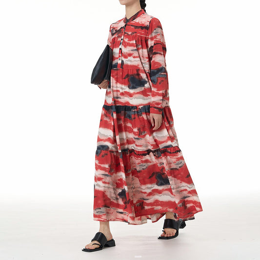 【ワンピース】ヴィンテージ風 ティアードワンピース 春夏新作 大きいサイズ レディース ルーズシルエット 長袖 着痩せ効果 バカンス・お出かけ向け ロングワンピース【SHシリーズ】