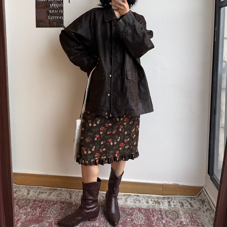 【ボトムス】レトロ小花柄コーデュロイミディスカート レディース 秋新作 メローフリル ストレート ゆったり【SHシリーズ】