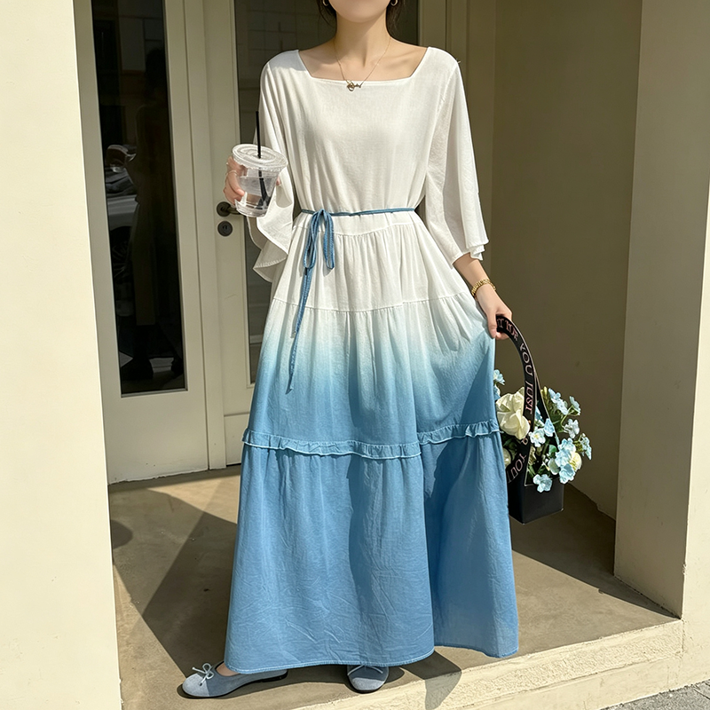 【ワンピース】グラデーションロング 半袖ワンピース レディース 着痩せ 美シルエット リゾート風 夏ワンピース【SHシリーズ】
