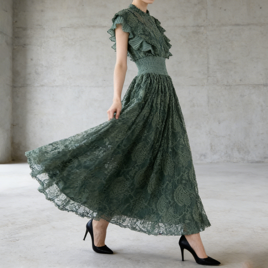 【ワンピース】7色展開 夏 レースワンピース 丸首 長袖 エレガント 着痩せ フリル裾 パーティードレス【JZシリーズ】