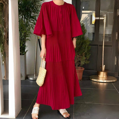 【ワンピース】夏 プリーツ 切り替え 大振裾 半袖 ワンピース