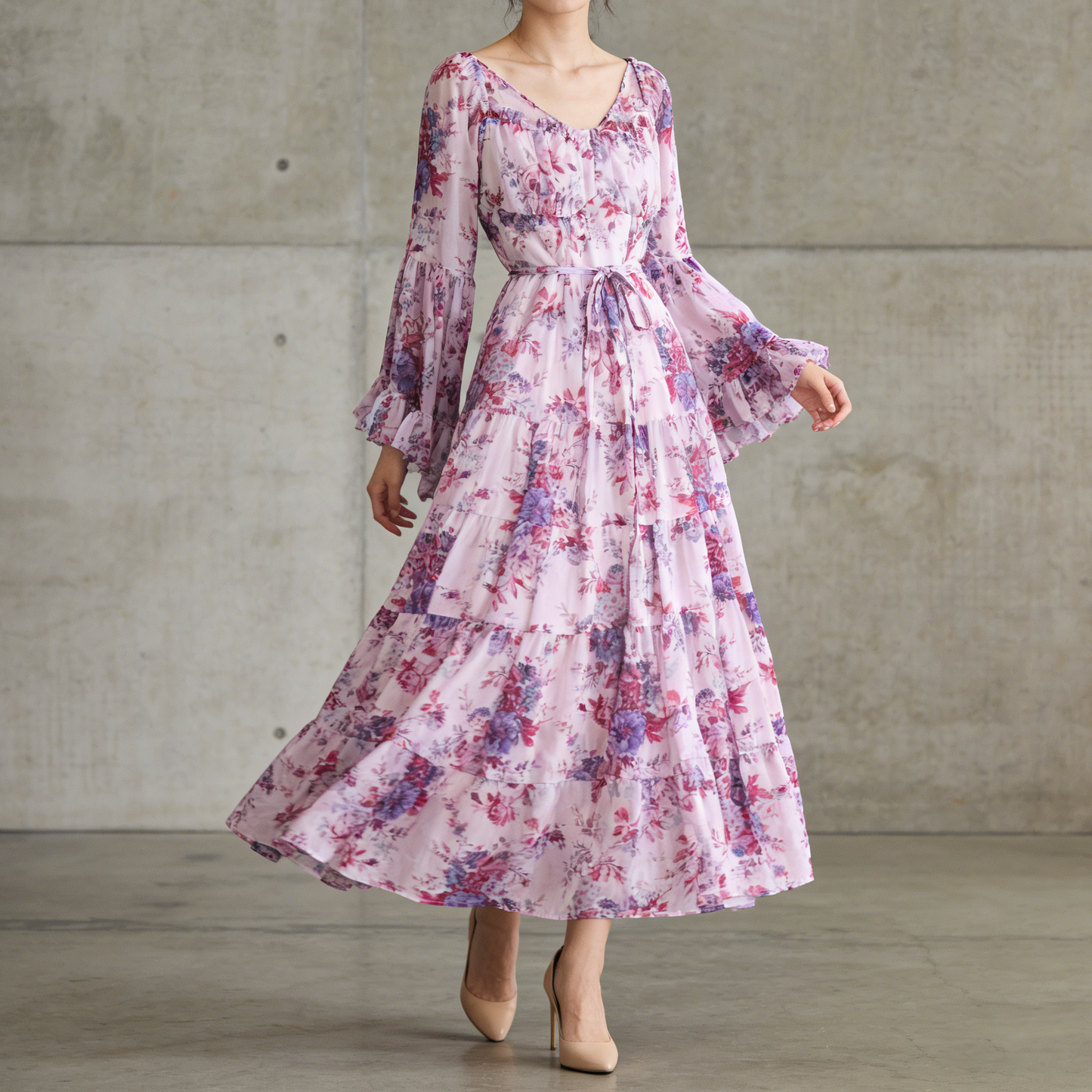 【ワンピース】褒められ確定！フレンチ小衆 長袖 プリントロングワンピース｜シフォン＆ベルスリーブ【SHシリーズ】