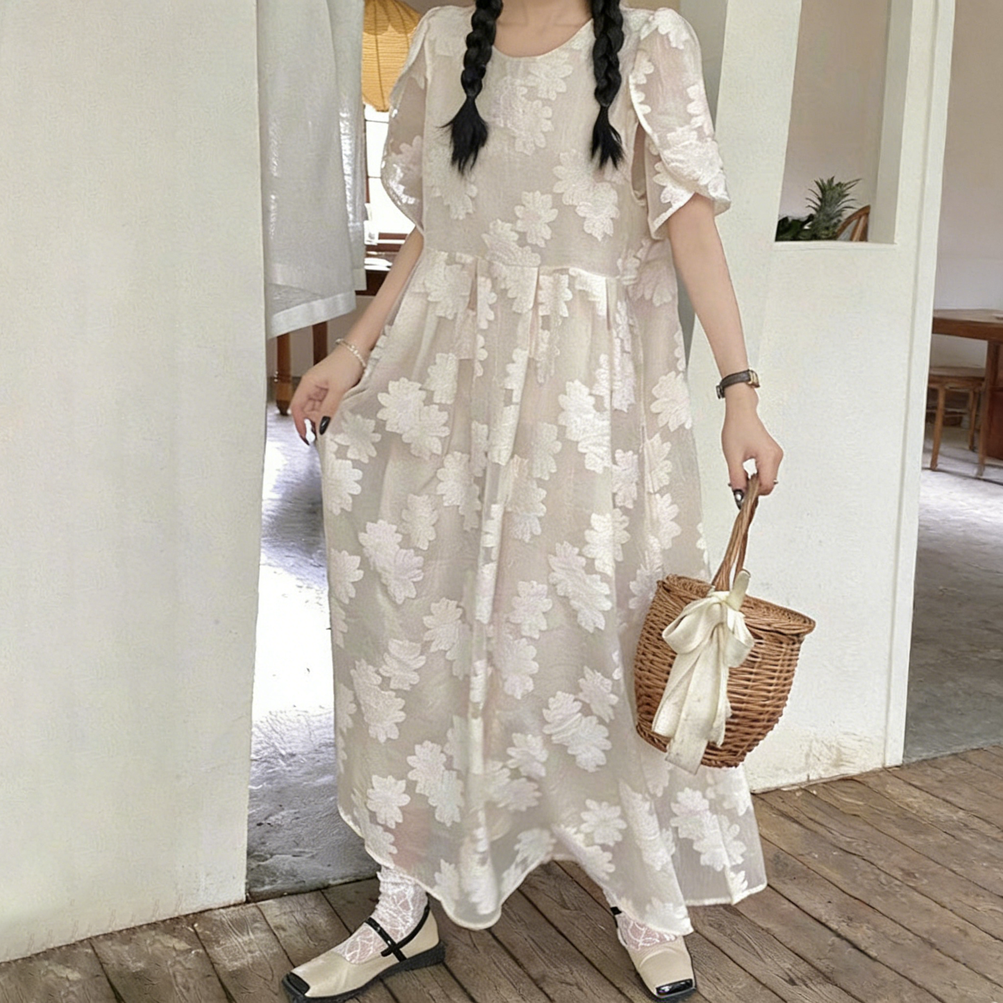 【ワンピース】【3色展開】夏新作 日韓風 大きいサイズ ゆったりシルエット 半袖 花柄ロングワンピース レディース【SHシリーズ】