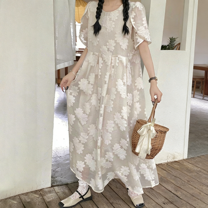 【ワンピース】【3色展開】夏新作 日韓風 大きいサイズ ゆったりシルエット 半袖 花柄ロングワンピース レディース【SHシリーズ】