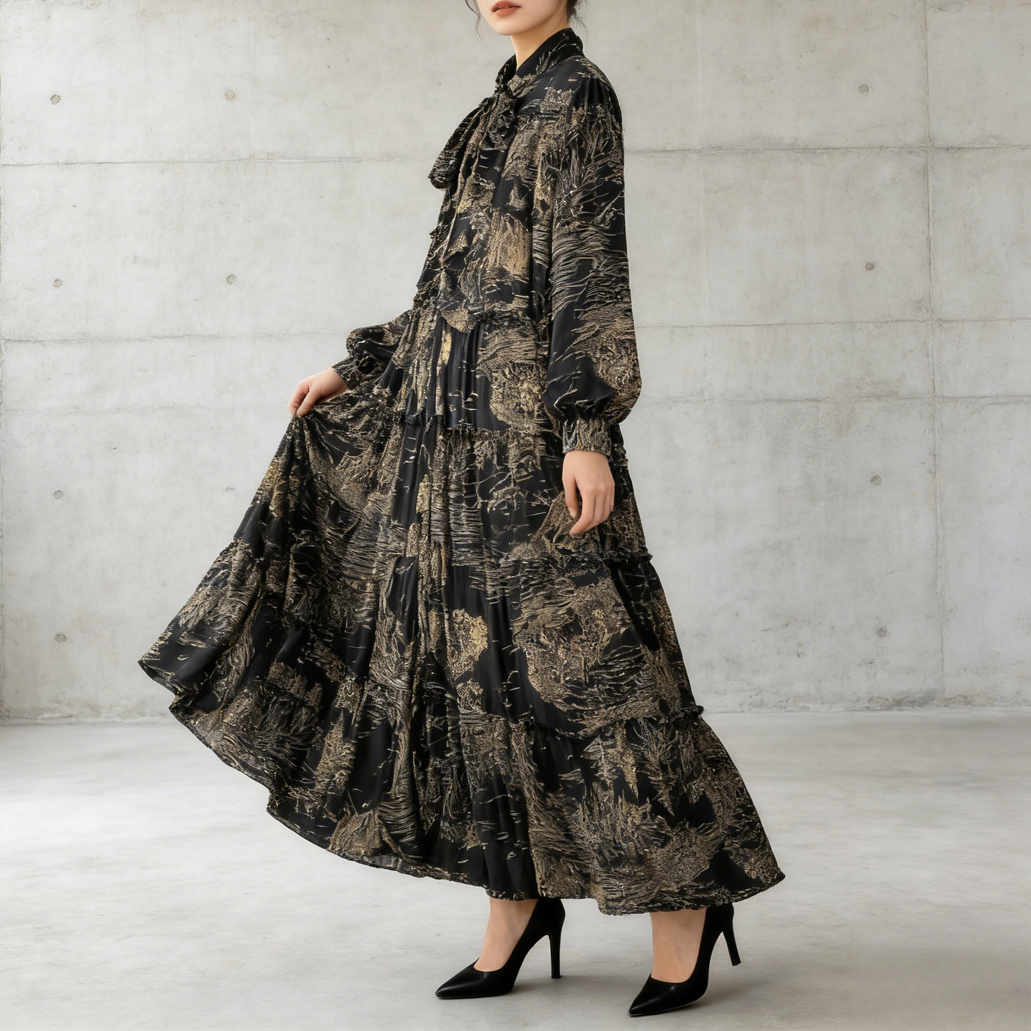 【ワンピース】プリントVネック お腹周りカバー フリル 長袖 ワンピース 【SHシリーズ】