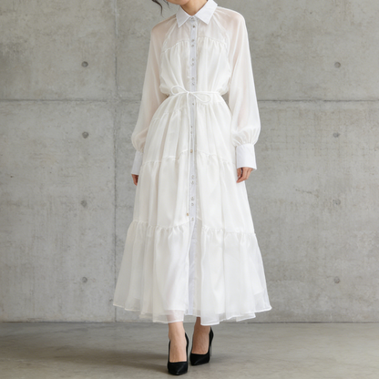 【ワンピース】レオパード柄 ウエストマーク 細見え チュール ボリュームフレア 長袖ワンピース【SHシリーズ】【15～20日内発送】