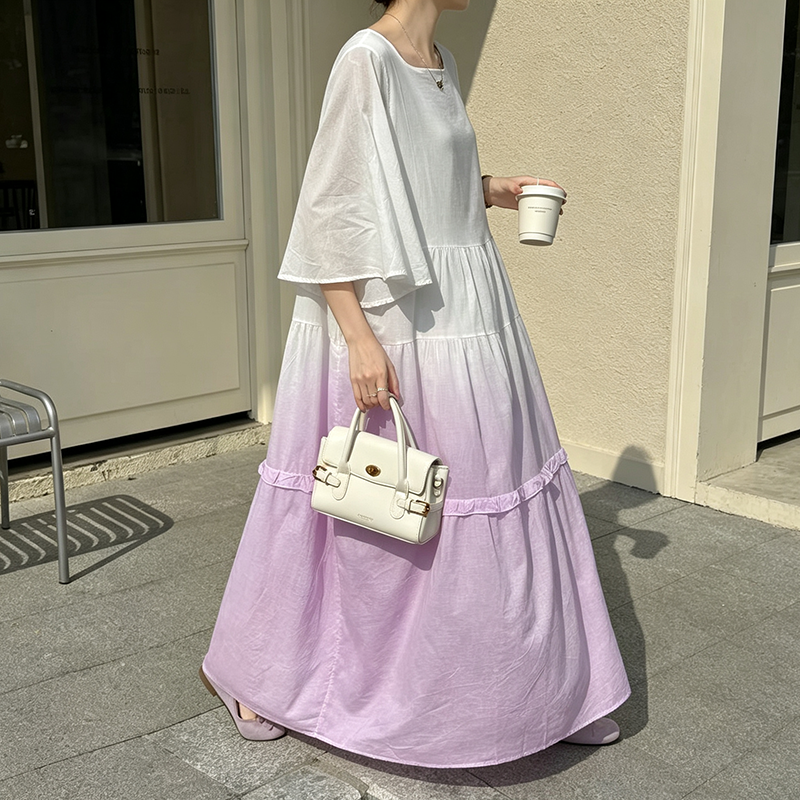 【ワンピース】グラデーションロング 半袖ワンピース レディース 着痩せ 美シルエット リゾート風 夏ワンピース【SHシリーズ】