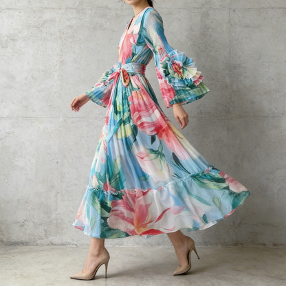 【ワンピース】フレンチ花柄ワンピース Vネック 長袖 立体フラワー フレアロング 着痩せ エレガント リゾートワンピ【SHシリーズ】