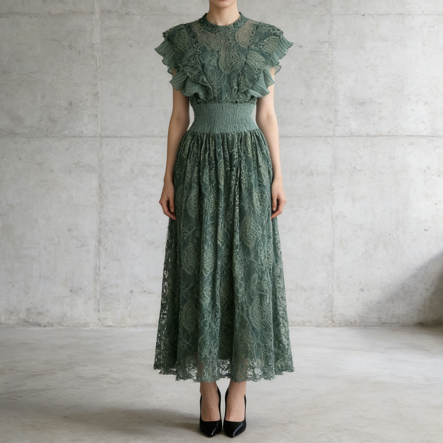 【ワンピース】7色展開 夏 レースワンピース 丸首 長袖 エレガント 着痩せ フリル裾 パーティードレス【JZシリーズ】