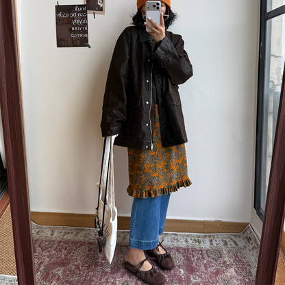 【ボトムス】韓国風レトロ小花柄コーデュロイミディスカート レディース 秋冬 メローフリル ストレート ゆったり【SHシリーズ】