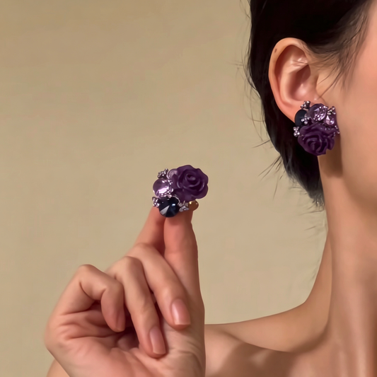 【グッズ】華やかフラワーピアス レディース パープル 花モチーフ 個性的 大人っぽい 韓国風