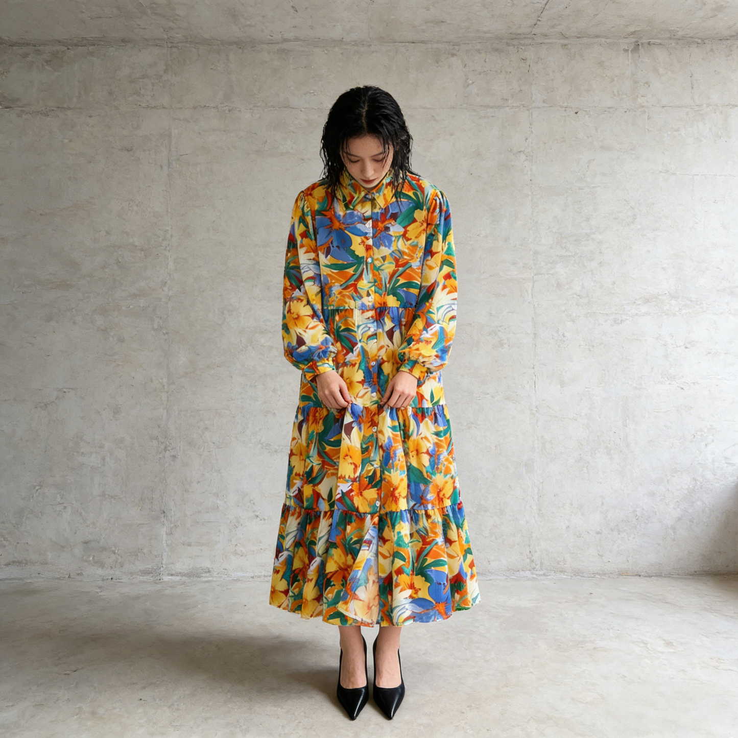 【60%OFF⭐️早い者勝ち】【ワンピース】プリント シングルボタン シャツ ロング丈 長袖 ワンピース 【SHシリーズ】