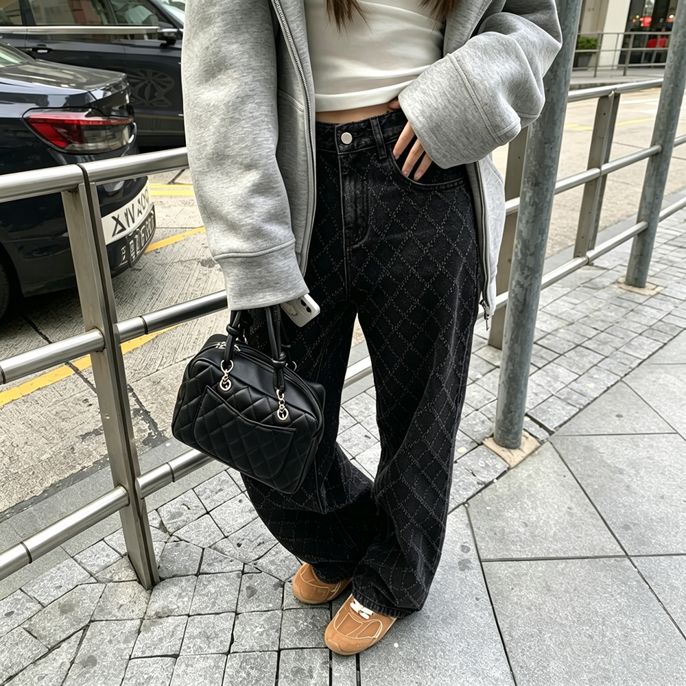 【ボトムス】デニムパンツ レディース ダイヤ柄デザイン ワイドパンツ ストレートシルエット ハイウエスト ゆったり カジュアル【JZシリーズ】