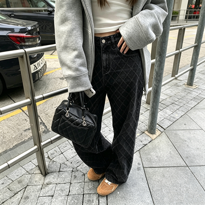 【ボトムス】デニムパンツ レディース ダイヤ柄デザイン ワイドパンツ ストレートシルエット ハイウエスト ゆったり カジュアル【JZシリーズ】