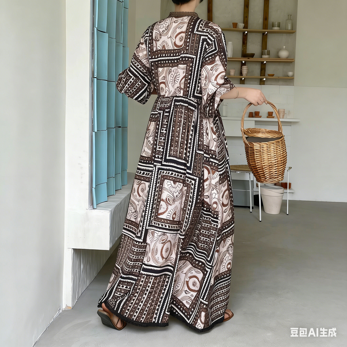 【ワンピース】レディース カジュアルゆったり大きめサイズ 2026新作 リゾート風プリント長袖ワンピース【SHシリーズ】