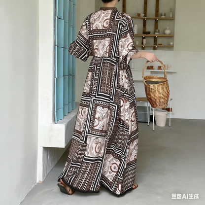 【ワンピース】レディース カジュアルゆったり大きめサイズ 2026新作 リゾート風プリント長袖ワンピース【SHシリーズ】