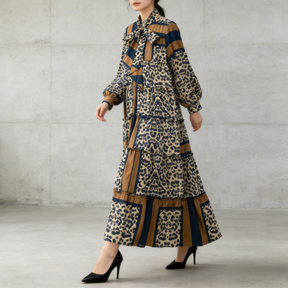 【ワンピース】プリントVネック お腹周りカバー フリル 長袖 ワンピース 【SHシリーズ】