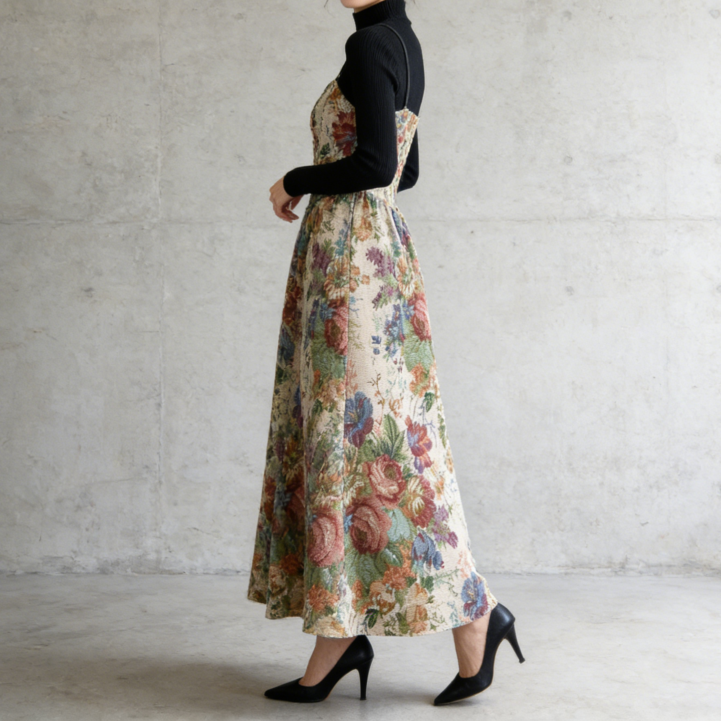 【セットアップ】レトロ ジャカード刺繍 キャミワンピース＋ニットインナー 2点セット レディース 秋冬【SHシリーズ】