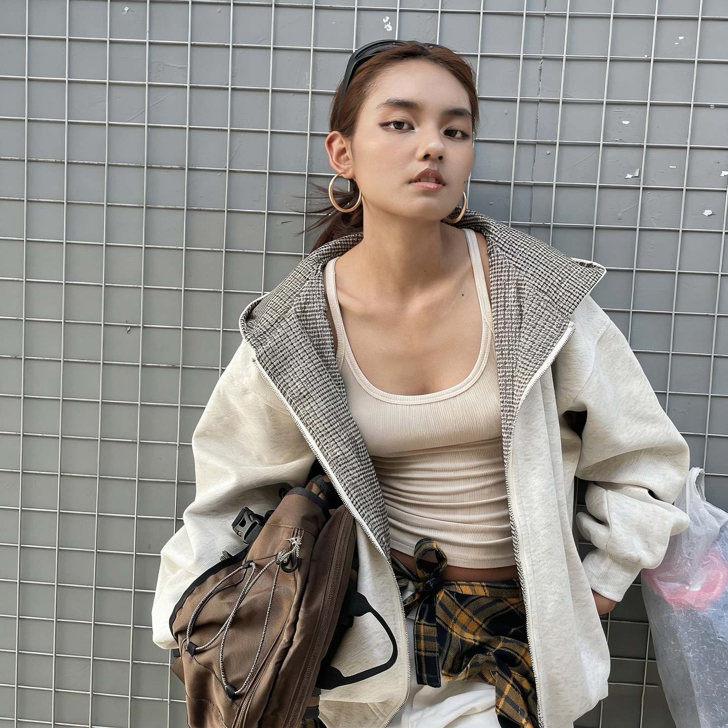 【アウター】アメリカンレトロ チェック切り替え フェイクレイヤード スウェット レディース 秋冬新作 ルーズシルエット リラックスジャケット【FCシリーズ】