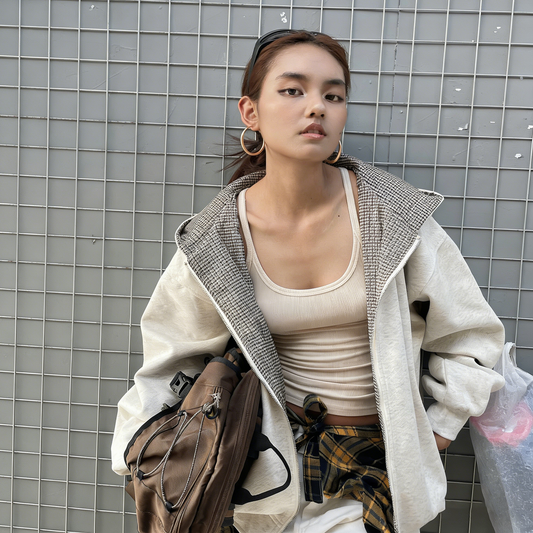 【アウター】アメリカンレトロ チェック切り替え フェイクレイヤード スウェット レディース 秋冬新作 ルーズシルエット リラックスジャケット【FCシリーズ】