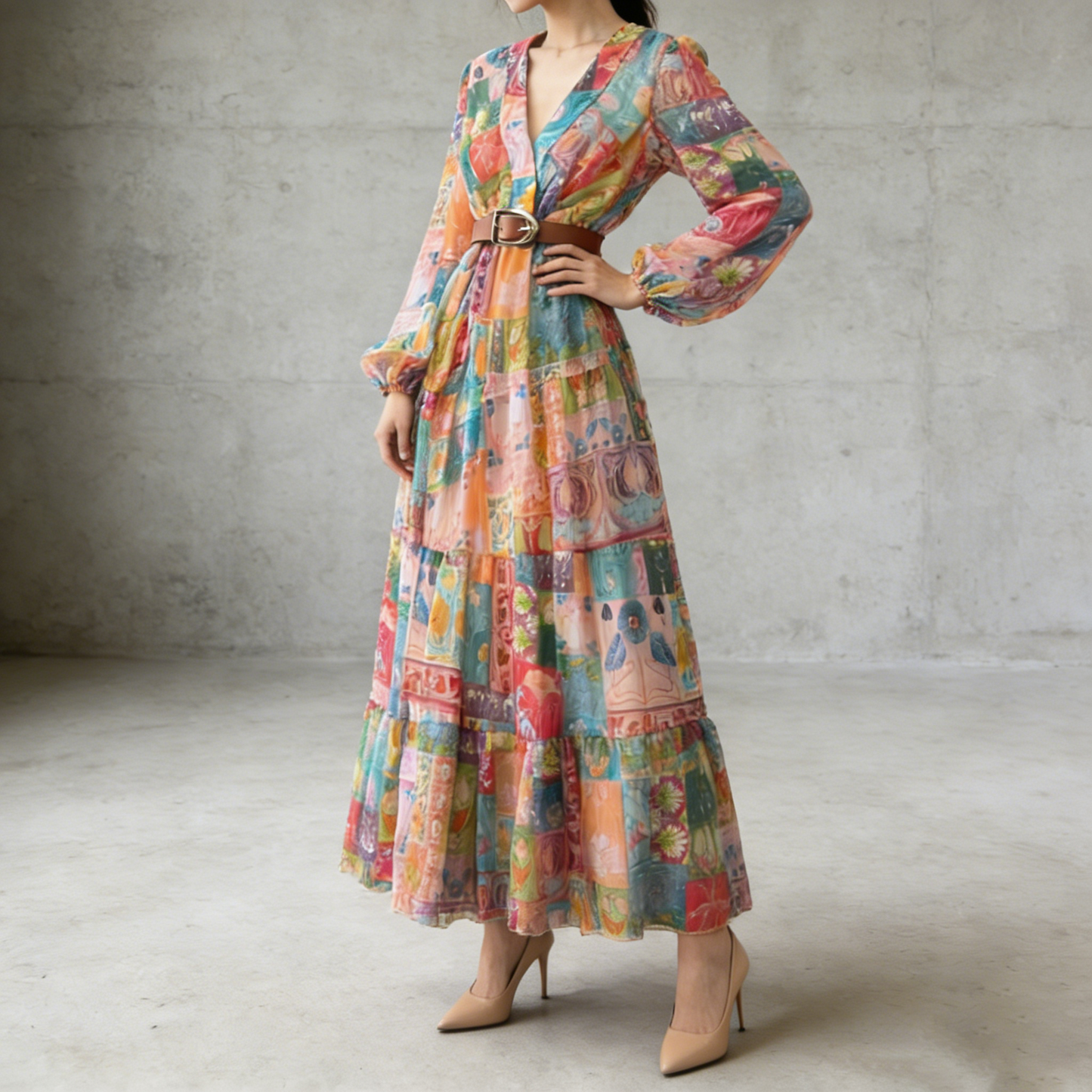 【ワンピース】欧米風 Vネック プリント シフォン長袖ワンピース フレア ロング丈 レディース【SHシリーズ】