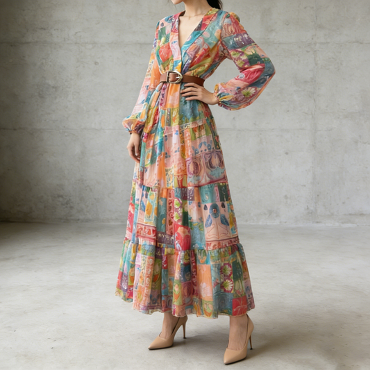 【ワンピース】欧米風 Vネック プリント シフォン長袖ワンピース フレア ロング丈 レディース【SHシリーズ】