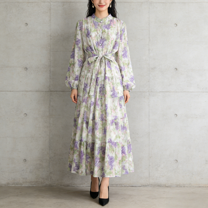 【ワンピース】シフォン フェミニン ウエスト切り替え 長袖 ワンピース【SHシリーズ】