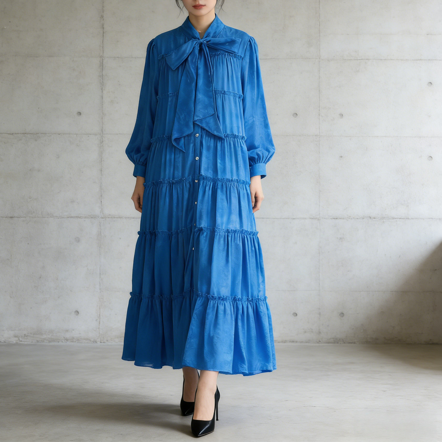 【ワンピース】プリントVネック お腹周りカバー フリル 長袖 ワンピース 【SHシリーズ】