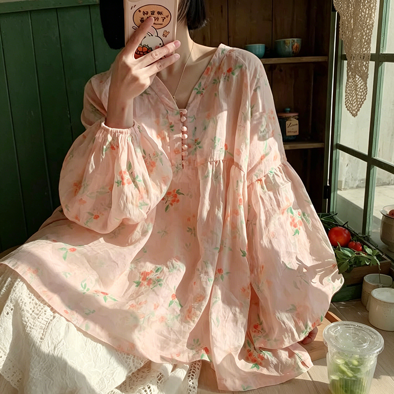 【トップス】ブラウス 春 花柄 ピンク フレンチ風 小众デザイン ゆったり 体型カバー 防晒シャツ 人気 新作【SHシリーズ】