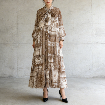 【ワンピース】プリントVネック お腹周りカバー フリル 長袖 ワンピース 【SHシリーズ】