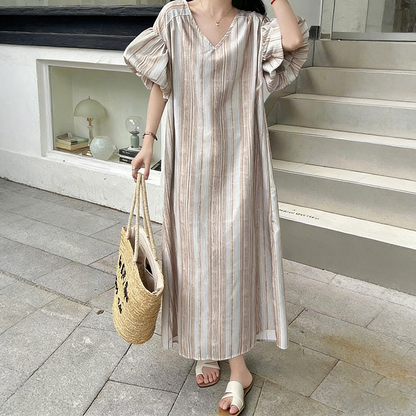 【ワンピース】韓国風 春夏新作 縦縞柄 ゆったりサイズ レディース バルーンスリーブ ワンピース【SHシリーズ】