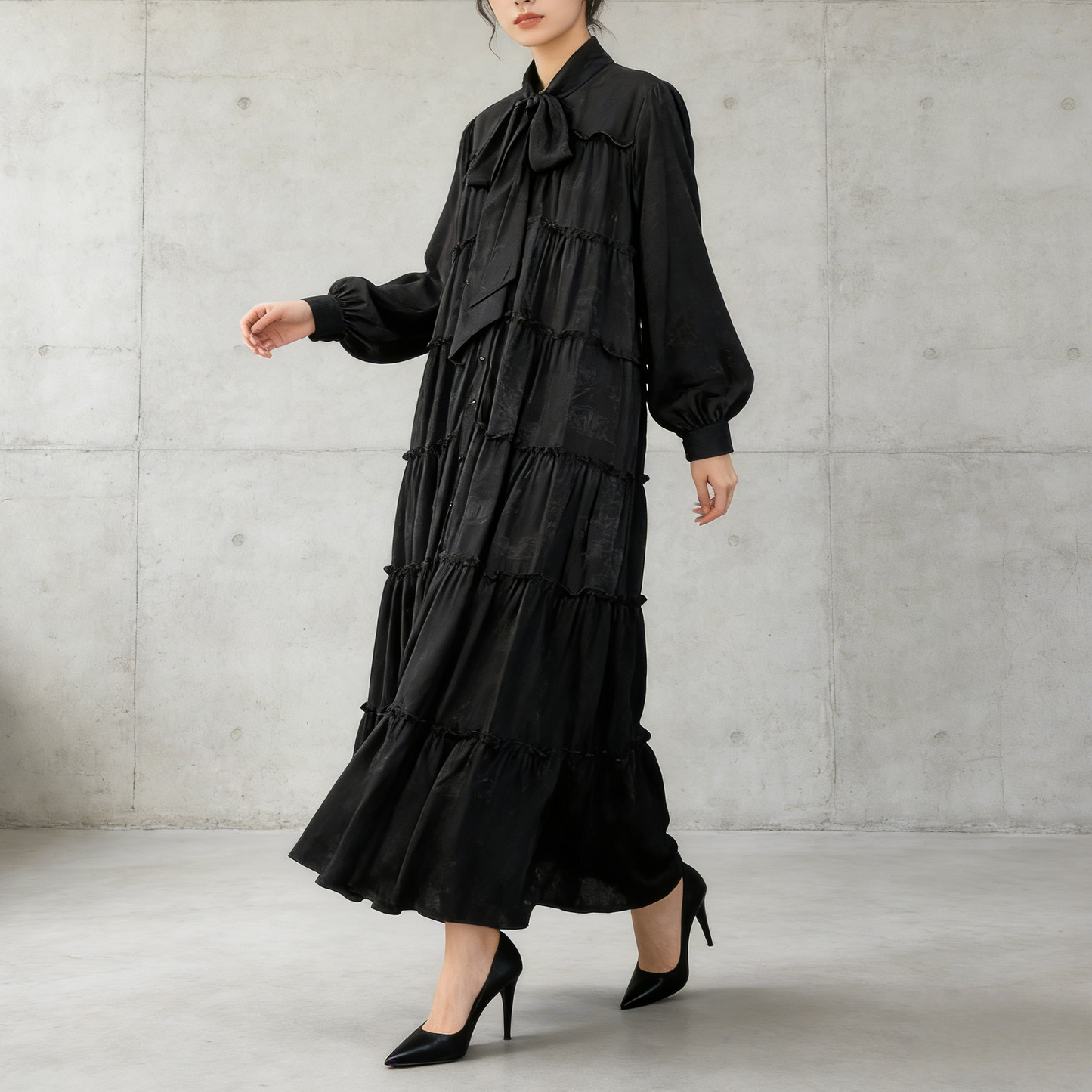 【ワンピース】プリントVネック お腹周りカバー フリル 長袖 ワンピース 【SHシリーズ】