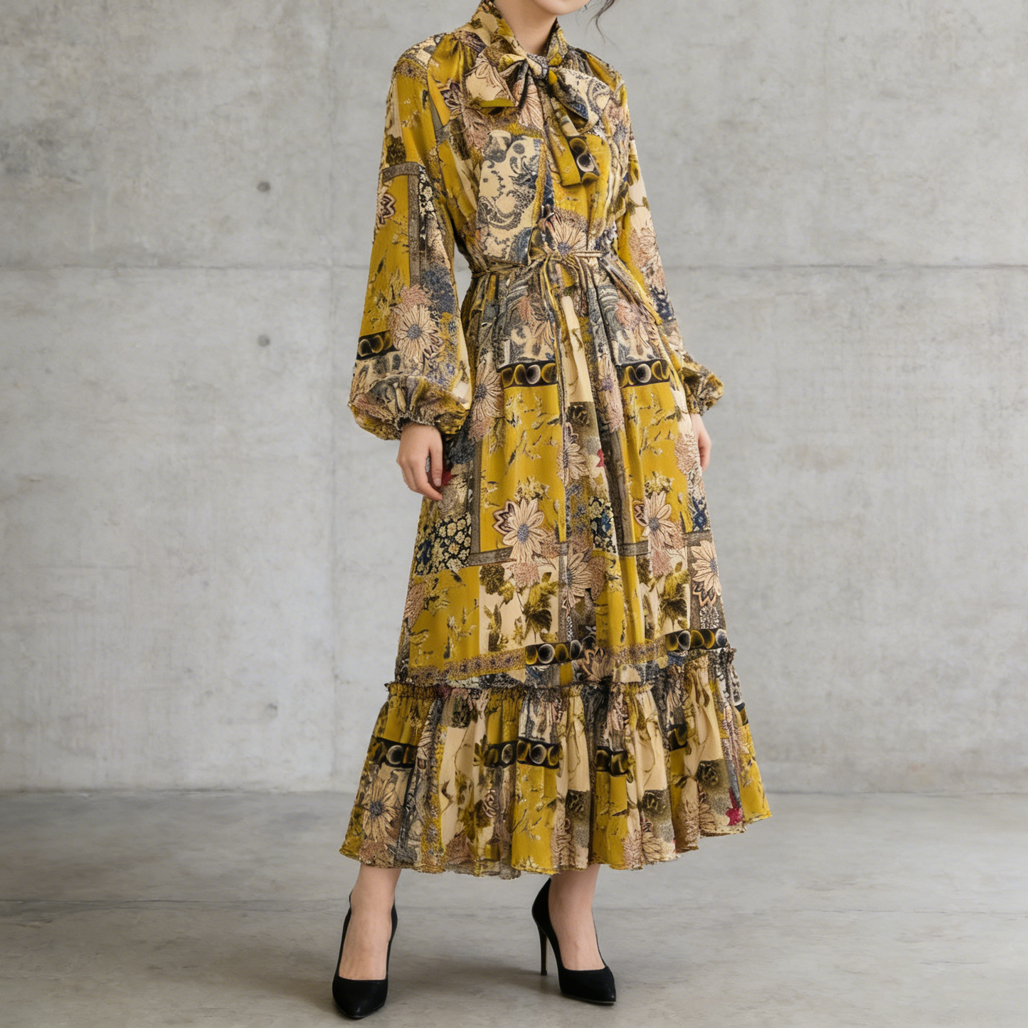 【ワンピース】レトロ風 長袖 リボン付き ウエストマーク Aライン 花柄プリント ランタンスリーブ ワンピース エレガント ロングワンピース レディース【SHシリーズ】