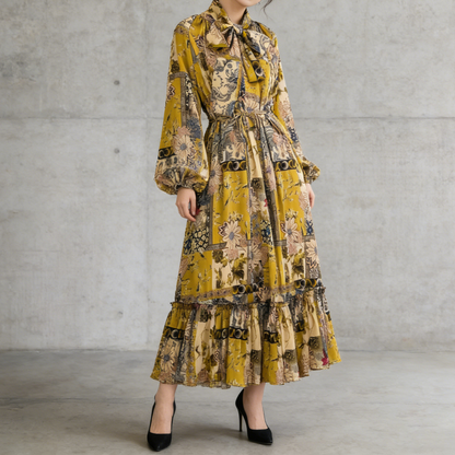 【ワンピース】レトロ風 長袖 リボン付き ウエストマーク Aライン 花柄プリント ランタンスリーブ ワンピース エレガント ロングワンピース レディース【SHシリーズ】