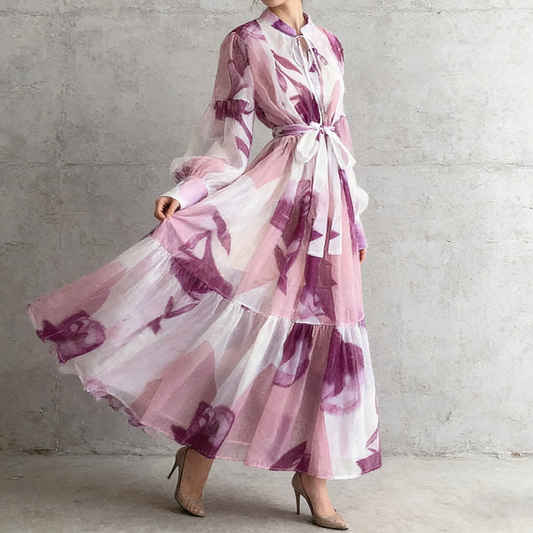 【ワンピース】5カラー フレンチレトロ 花柄ワンピース 長袖 ウエストマーク ゆったり着痩せ ロング丈 上品エレガント 万能ワンピ【SHシリーズ】