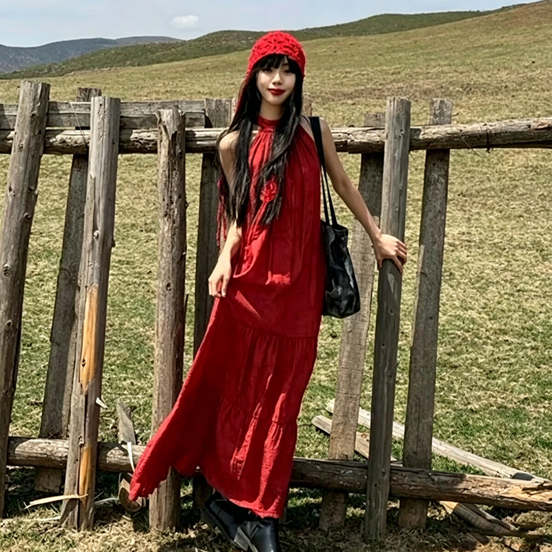 酒紅色掛脖無袖度假連身裙｜海邊旅行長裙【JZ系列】