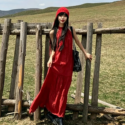 酒紅色掛脖無袖度假連身裙｜海邊旅行長裙【JZ系列】