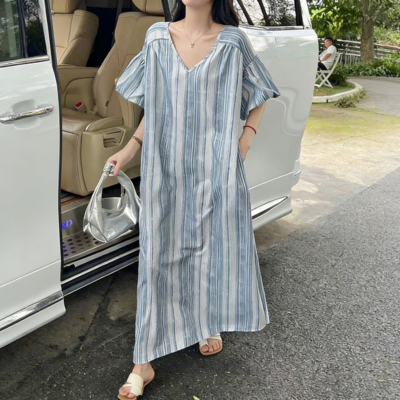 【ワンピース】韓国風 春夏新作 縦縞柄 ゆったりサイズ レディース バルーンスリーブ ワンピース【SHシリーズ】