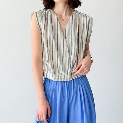 【トップス】ストライプ柄 ノースリーブ シャツ デザイン性あり 個性派 カジュアル ブラウス【JZシリーズ】