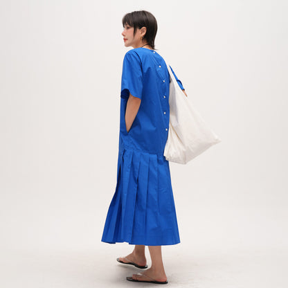 【ワンピース】クラインブルー  ラウンドネック 半袖ワンピース 夏用 薄手 大きいサイズ レトロロングドレス【JZシリーズ】