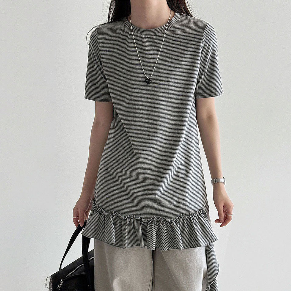 【トップス】韓国風 デザイン感  レディース 2026夏 アシンメトリー フリル裾 ゆったりTシャツ【JZシリーズ】