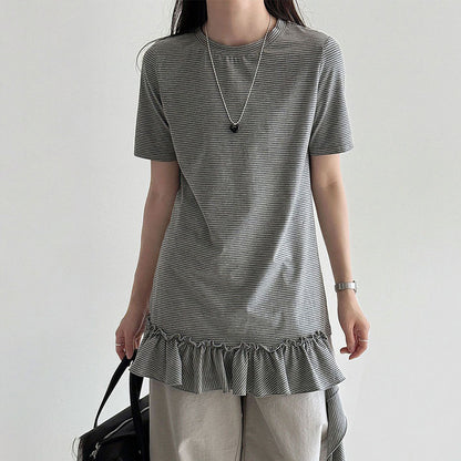 【トップス】韓国風 デザイン感  レディース 2026夏 アシンメトリー フリル裾 ゆったりTシャツ【JZシリーズ】